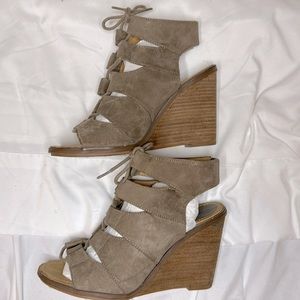 Melrose and Market Calista Wedge Lace Up. Color Stone. Gently used. Size 7.5